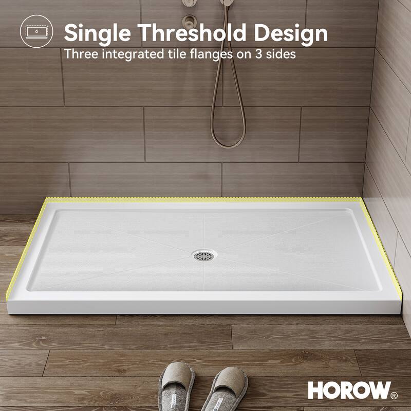 HOROW 60 x 36 Inch Alcove Shower Pan Base in White with Center Drain