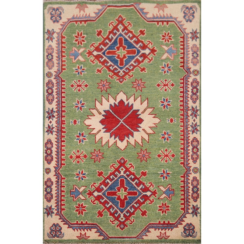 Light Green Kazak Oriental Foyer Rug Hand-Knotted Wool Carpet - 2'9" x 4'1"