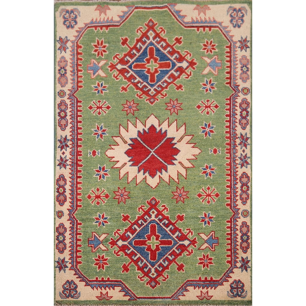 Light Green Kazak Oriental Foyer Rug Hand-Knotted Wool Carpet - 2'9" x 4'1"