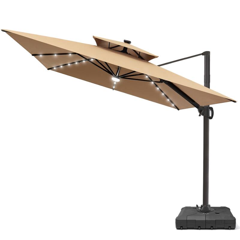 9 X 11 FT Outdoor Patio Cantilever Umbrella with Solar Lights Wheeled Base Double Canopy 360 Rotation Tilt