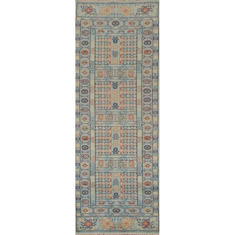 All-Over Blue Khotan Oriental Runner Rug Wool Carpet - 2'7"x 9'11"