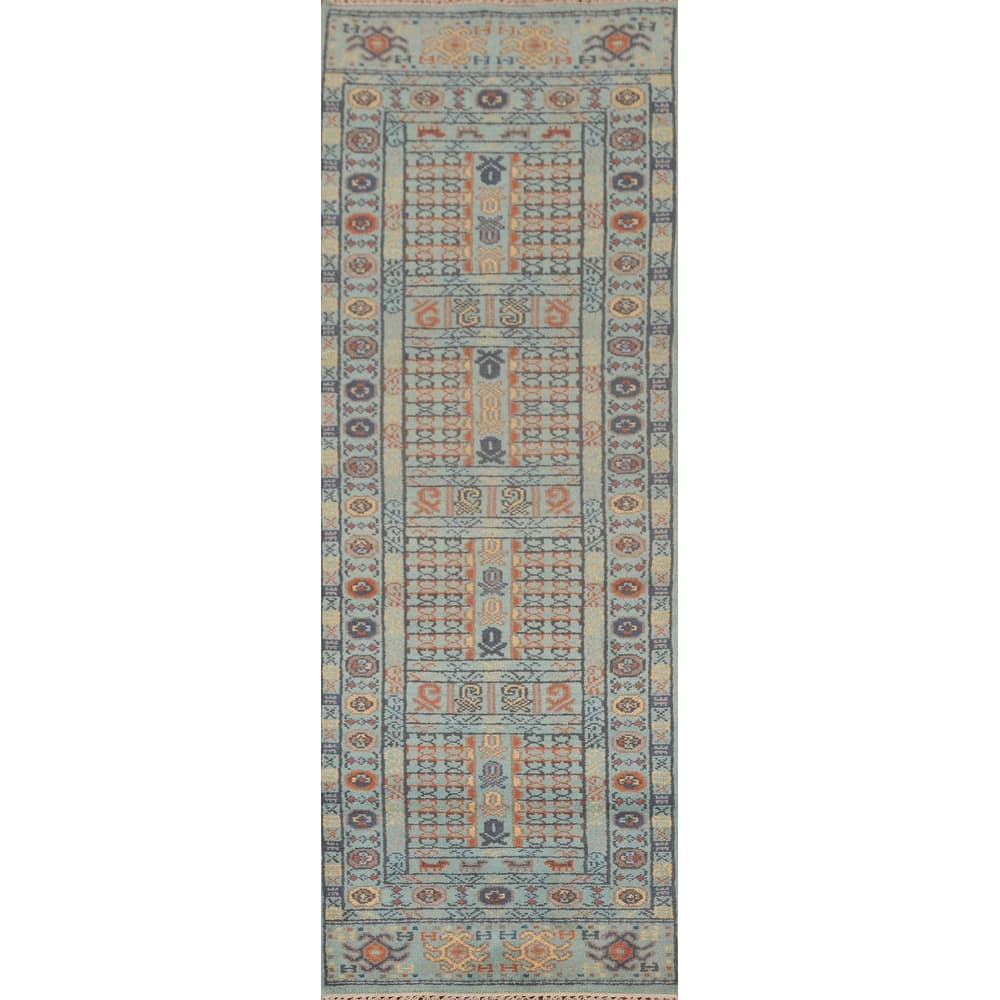 All-Over Blue Khotan Oriental Runner Rug Wool Carpet - 2'7"x 9'11"