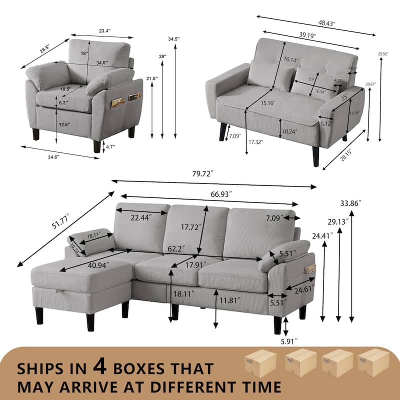 4-Piece Living Room Sectional Sofa Set with Loveseat and Chair