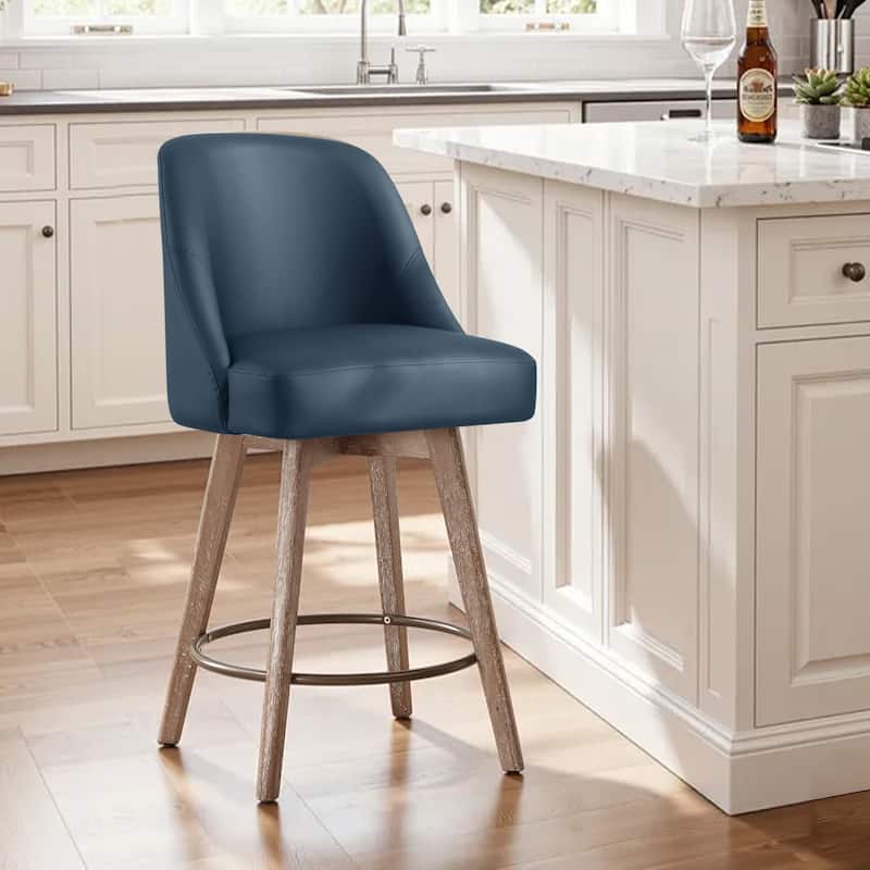 26" Upholstered Counter Height Swivel Bar Stool, Counter Stools with Solid Wood Legs - 39.37"H x 22.44"D x 21.65"W - Single - PU-Blue