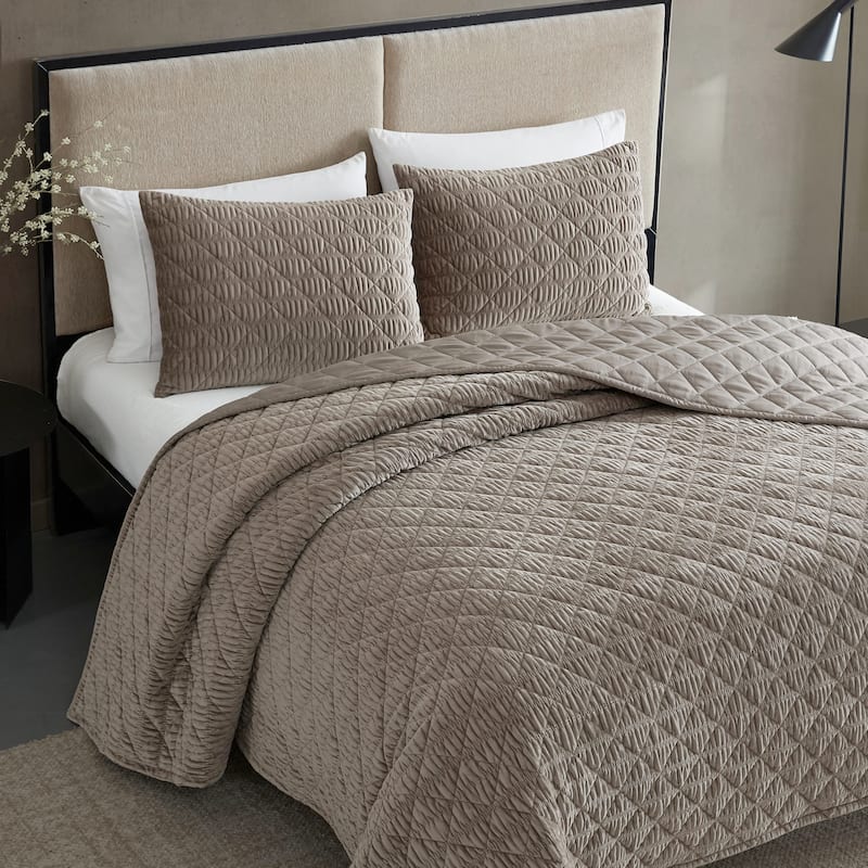 Vera Wang Solid Crushed Velvet Brown Reversible Quilt Set