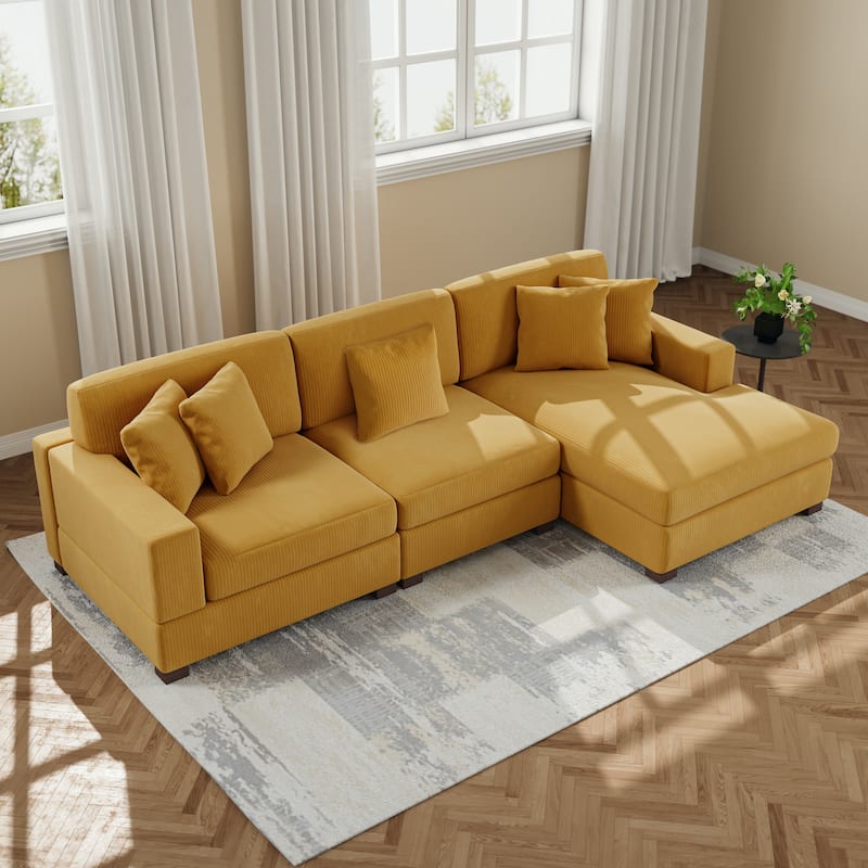 Modern L-Shaped Corduroy Modular Sectional Couch Sofa with Pillows