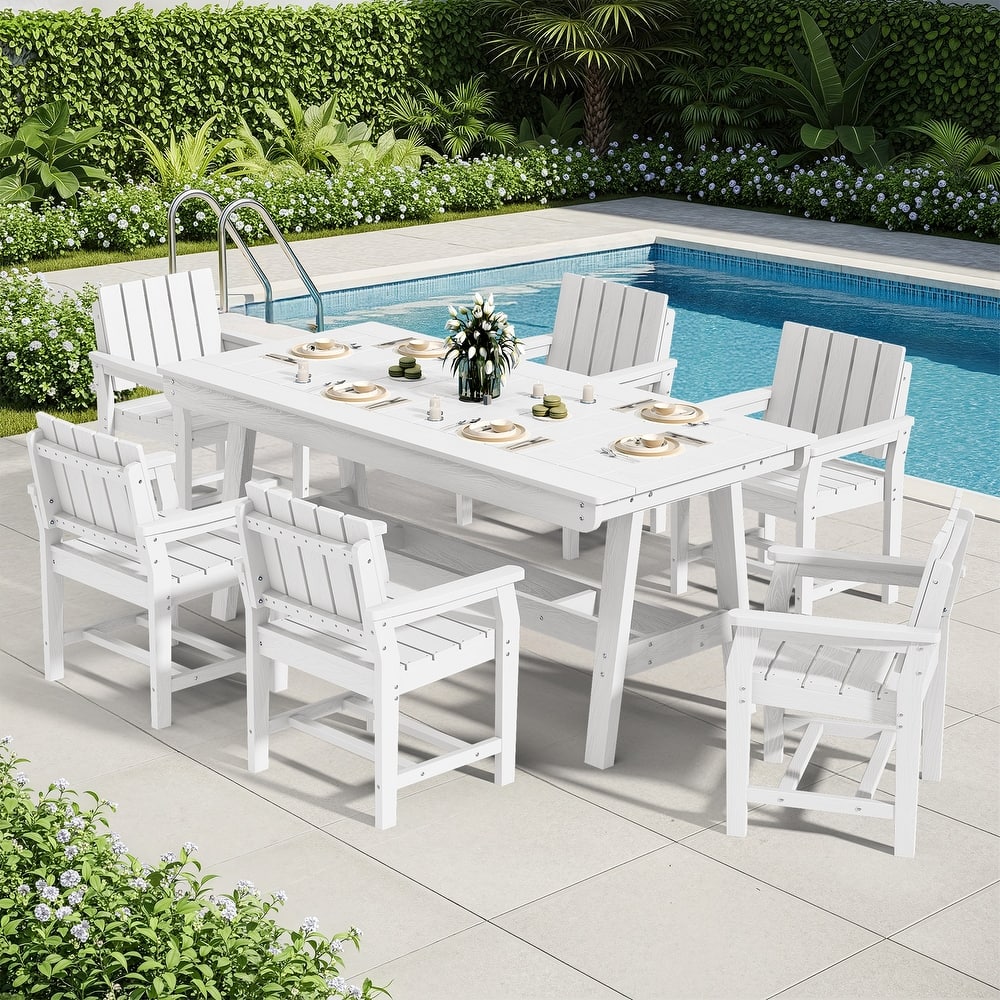 7-Piece HDPE Outdoor & Indoor Dining Set, Rectangular 67.91in L Table with Umbrella Hole and 6 Chairs Set of 7, Wood-Look Finish