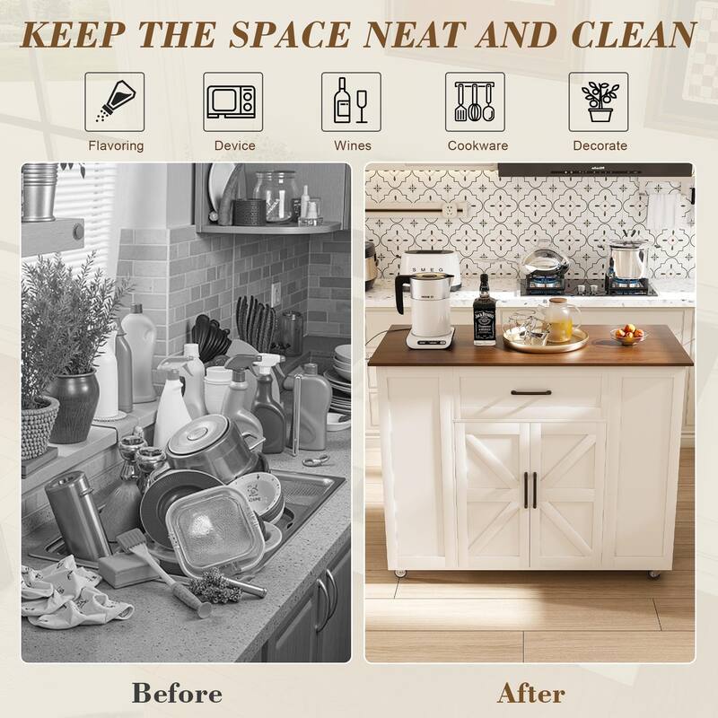 Kitchen Island with Storage, Rolling Kitchen Island Cart on Wheels with Power Outlet, Trash Can Storage & Adjustable Shelf