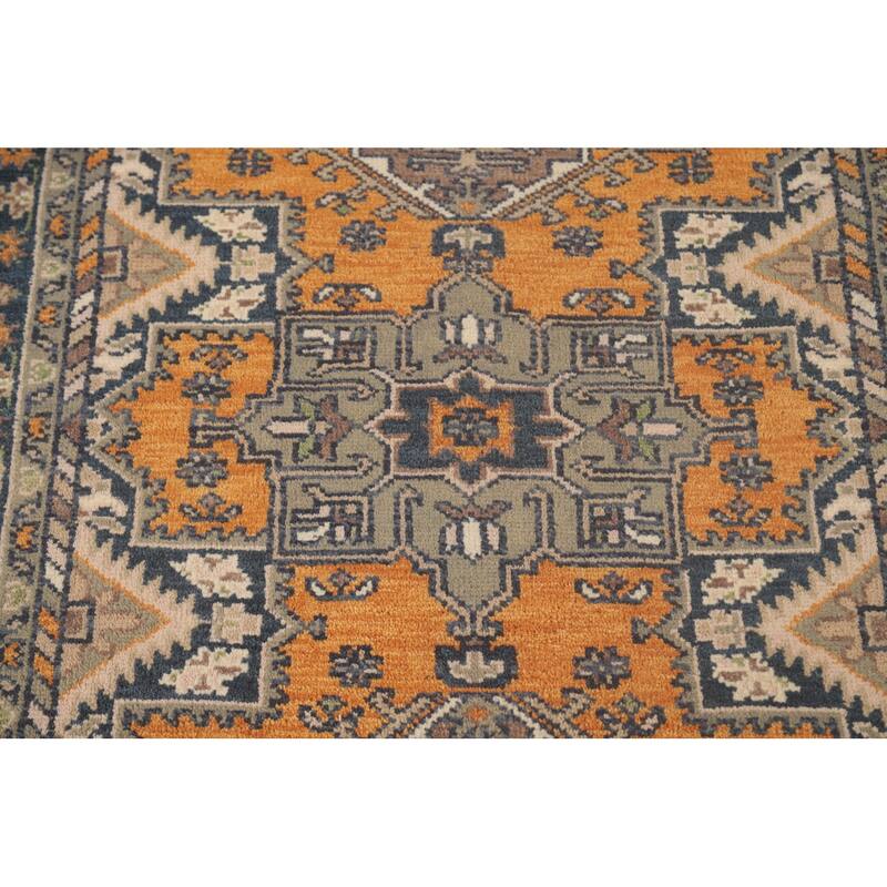 Geometric Kazak Accent Rug Handmade Oriental Orange Wool Carpet - 4'0"x 5'11"