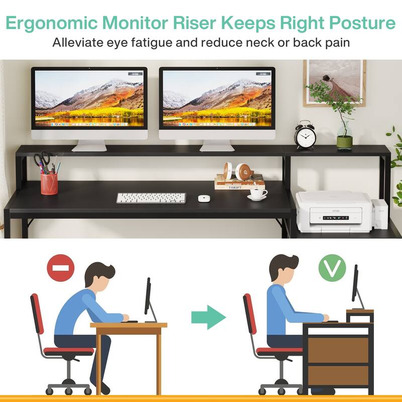 63 Inch Computer Desk with File Drawers, Ergonomic Office Desks with Monitor Stand