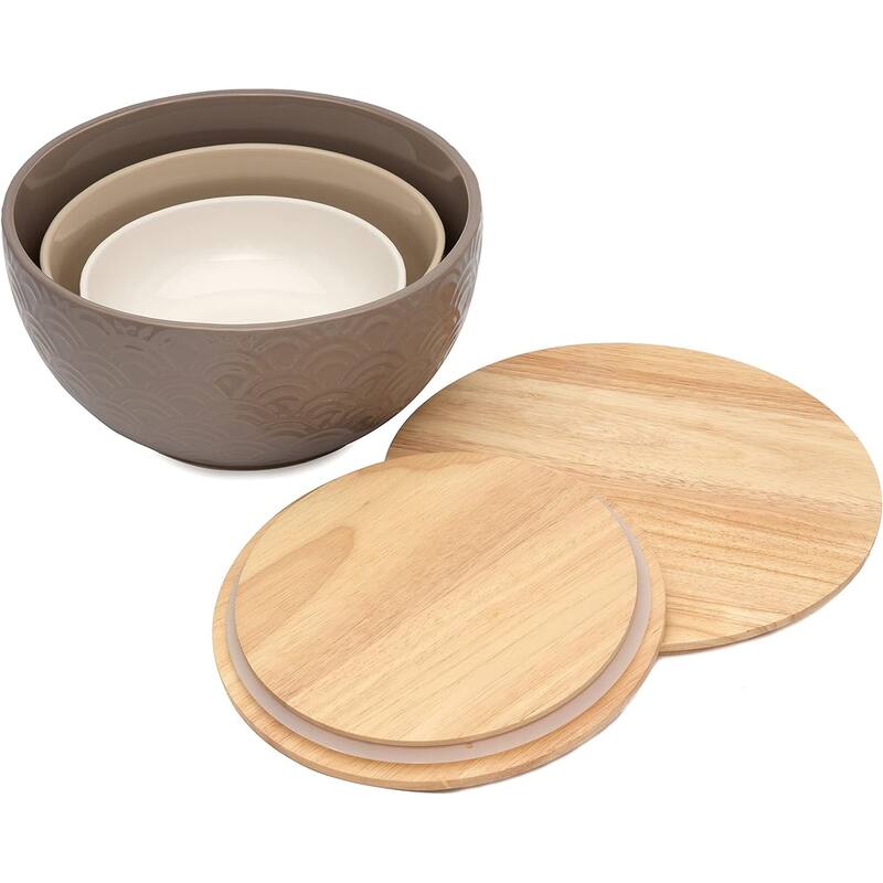 Set of 3 Ceramic Salad/Mixing Bowls with 2 Sealing Wood Lids