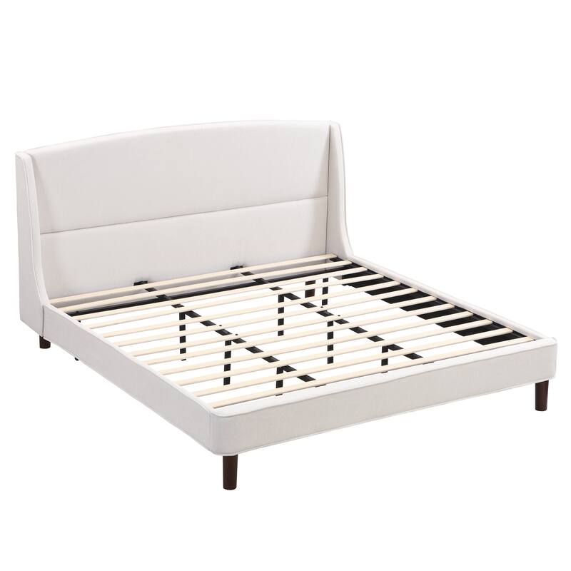 Beige Upholstered Fabric Frame Bed with Wingback Headboard, King Size Platform Bed with Wood Slat and Metal Support
