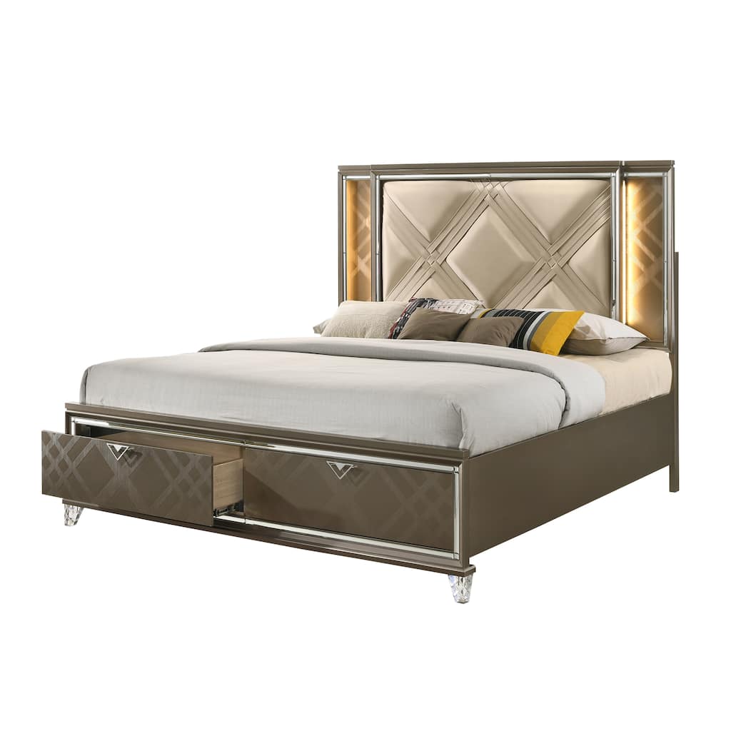 Champagne Full Size Wood Platform Bed with Champagne Leatherette Geometric Padded Headboards and Touch Function LED Lighting