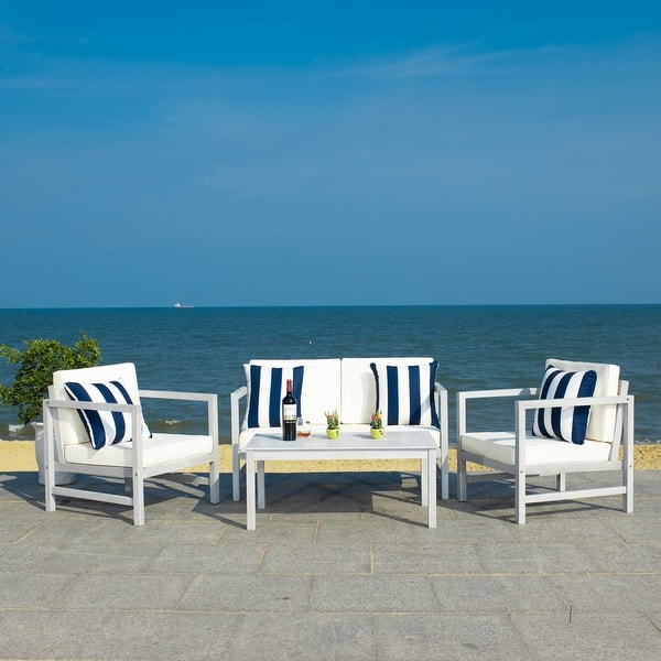 slide 2 of 19, SAFAVIEH Outdoor Montez 4-piece Conversation Set with Accent Pillows Grey/Beige/Navy White