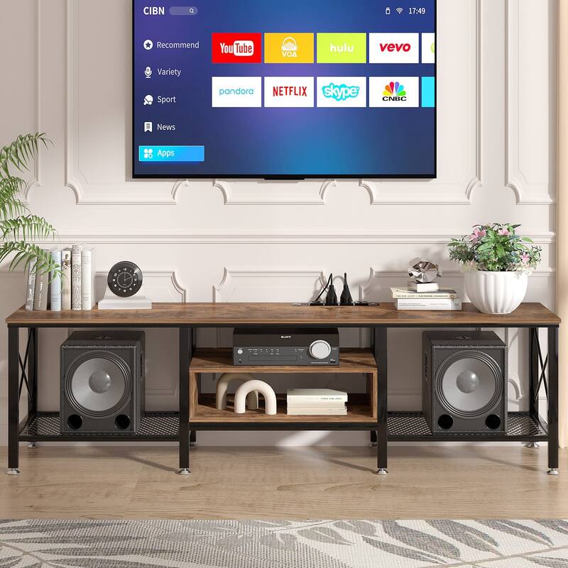 VECELO TV Stand 55/63/70 Inch Brown/Gray with 2 USB Ports & 4 AC Outlets Charging Station Open Storage Shelves TV Cabinet