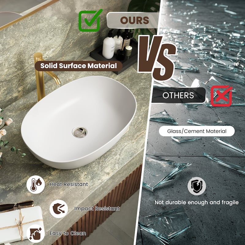 Solid Surface Vessel Bathroom Sink with Pop-Up Drain and Drain Hose, Modern Above Counter Wash Basin with Center Drain