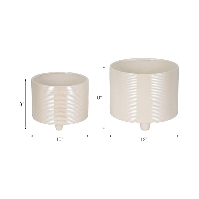 Sagebrook Home Porcelain Planters - Set of 2 Iridescent Ribbed Ivory Planters - 12" x 12" x 10"