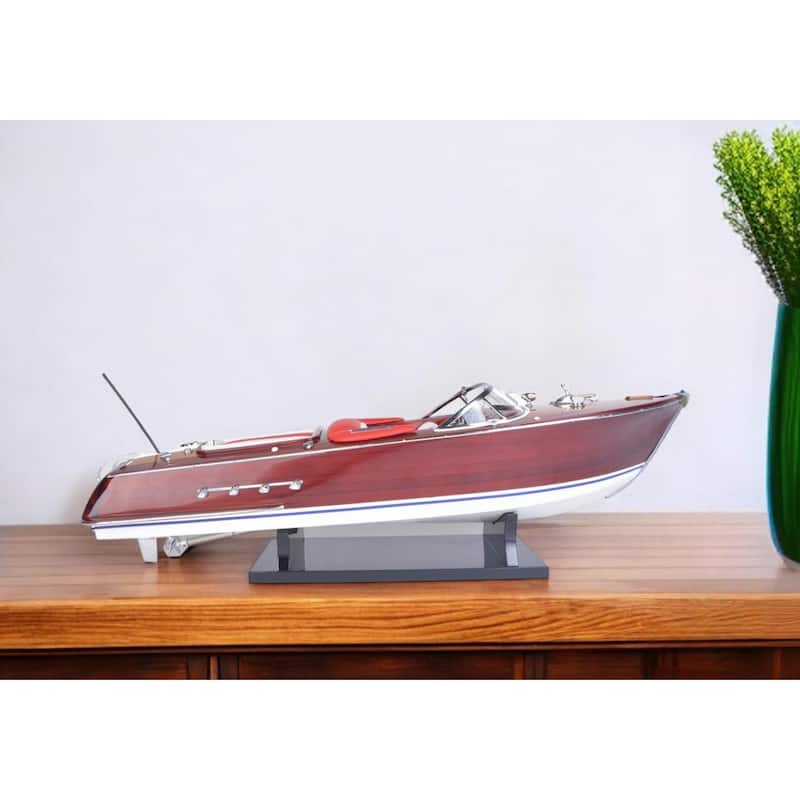 HomeRoots 9" Brown Wood Hand Painted Boat Sculpture - 26.5' X '9' X '8 - 26.5' X '9' X '8
