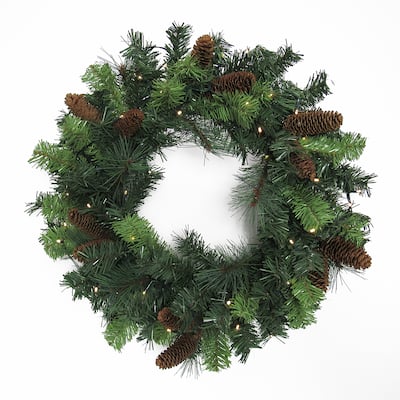 Artificial Mixed Pine Cone & Pine Christmas Wreath with LED Lights 24in - 24" L x 24" W x 6.5" DP
