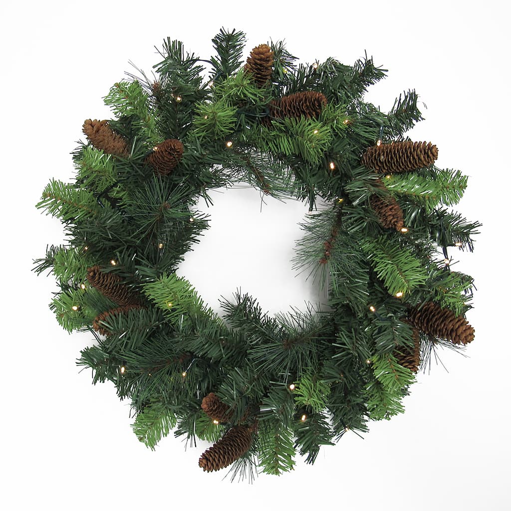 Artificial Mixed Pine Cone & Pine Christmas Wreath with LED Lights 24in - 24" L x 24" W x 6.5" DP