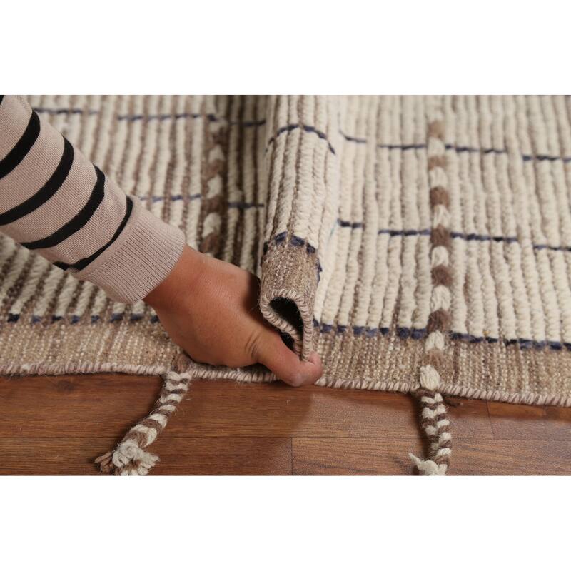 Beige Moroccan Striped Rug Hand-Knotted Wool Carpet - 5'8"x 9'11"