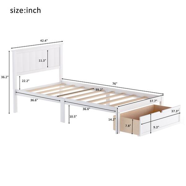 dimension image slide 0 of 2, Twin Size Platform Bed with Under-bed Drawer, Gray