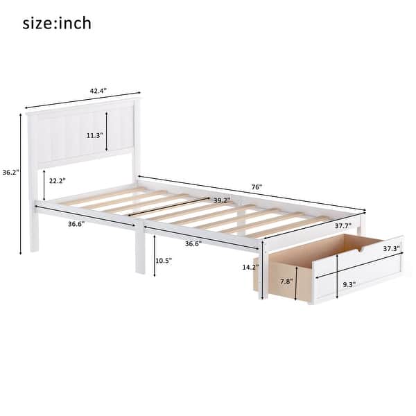 dimension image slide 0 of 2, Twin Size Platform Bed with Under-bed Drawer for Extra Storage, Solid Pine Wood and MDF, Gray