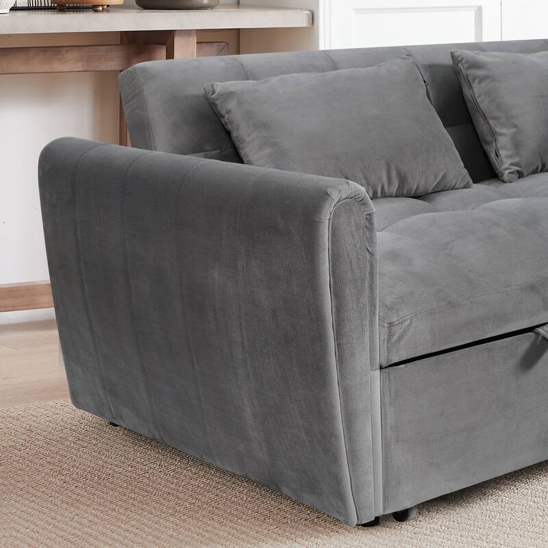 65" 3-in-1 Foldable Large Size Velvet Sofa Bed with Adjustable Back, Storage Bag and Pillow, Dark Gray