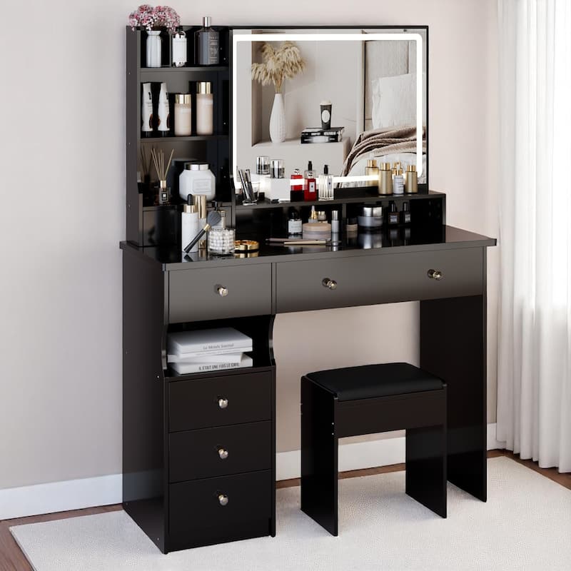 Modern Makeup Vanity Table with 27"x20" Lighted Mirror, 41" Wide Desktop, Left Drawer and Stool, Ideal for Large Rooms