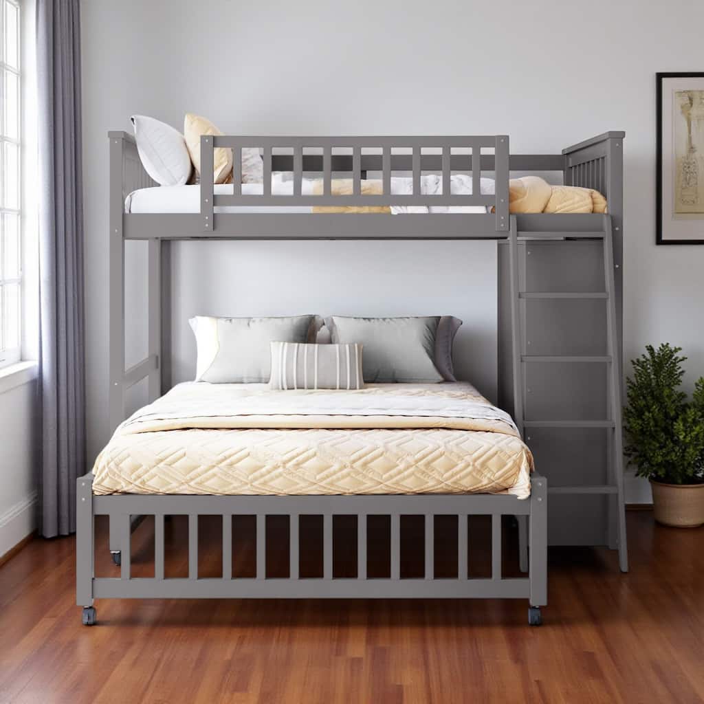 HomeRoots Gray Twin Over Full Solid Wood Bunk Bed With Drawers And Storage