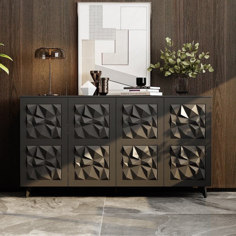 Geometric 4-Door Sideboard Buffet Cabinet with Adjustable Shelves, White Finish - Black