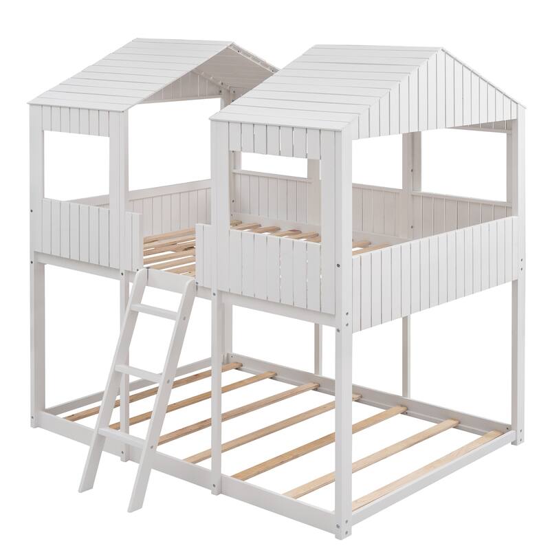 Full Over Full Pine House Bunk Bed with Roof and Ladder