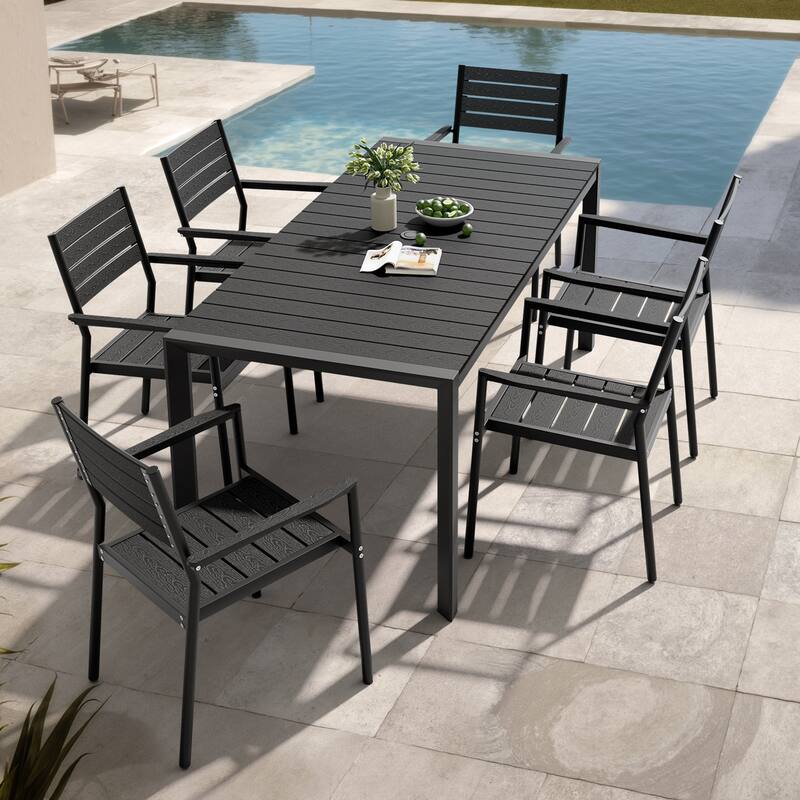 Set of 7 Outdoor Patio Dining Set WoodLike Table Top Aluminum Rectangular Umbrella Hole Table with Stackable Dining Chairs - Black