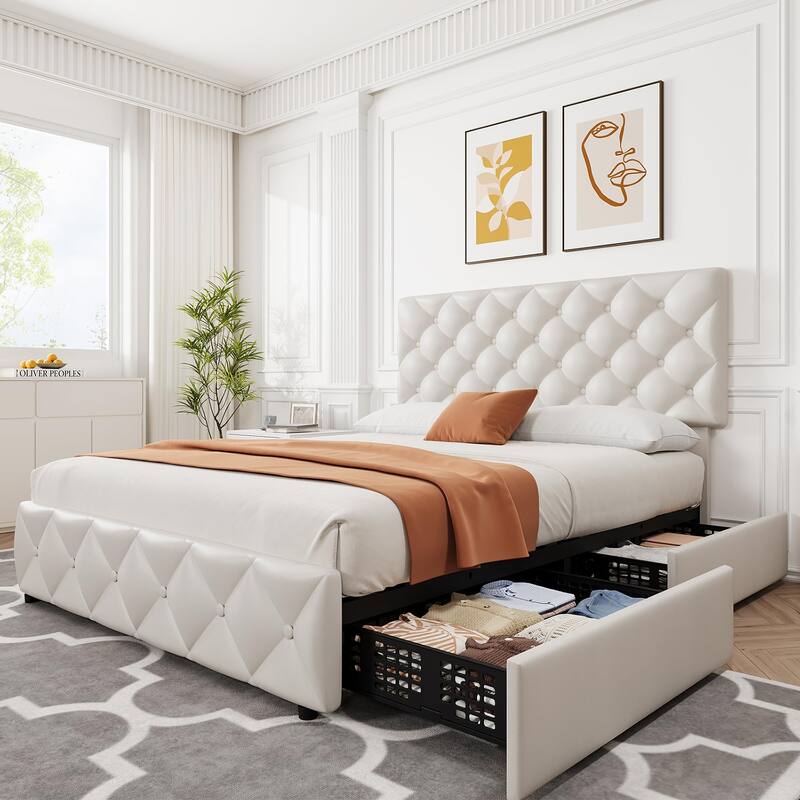 PU Leather Bed Frame with Adjustable Headboard and 4 Storage Drawers