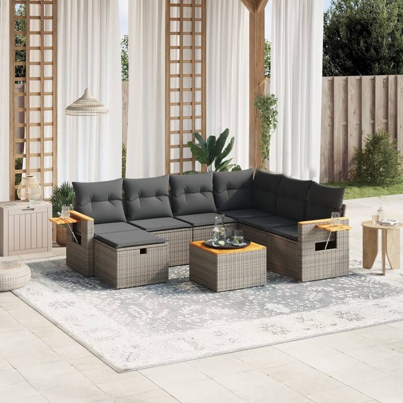 vidaXL Patio Sofa Set with Cushions Outdoor Conversation Furniture Poly Rattan - Gray with table - 24.4 x 24.4 x 27.2 in