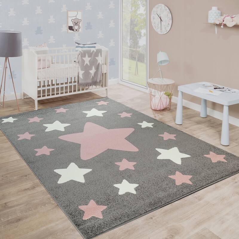 Nursery Rug with Stars for Kids Room Starry Sky in Grey and Cream - 6'7" Round - Dark Grey