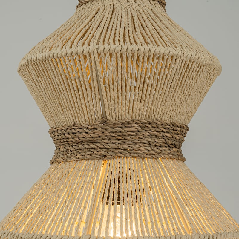 Opaline 1-Light Rattan Stacked Geometric Pendant, Coastal Boho - Handwoven - 12" Wide