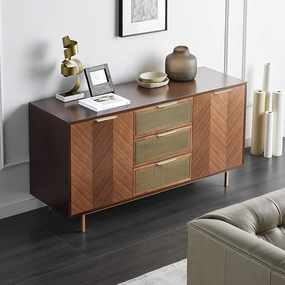59.06” Modern Mid-Century Walnut Sideboard Buffet with 3 Drawers 2 Door Cabinet, Multi-layer Solid Wood Frame, Fully Assemble