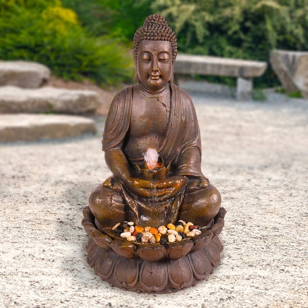 slide 2 of 15, Brown Buddha Water Feature with LED Lights