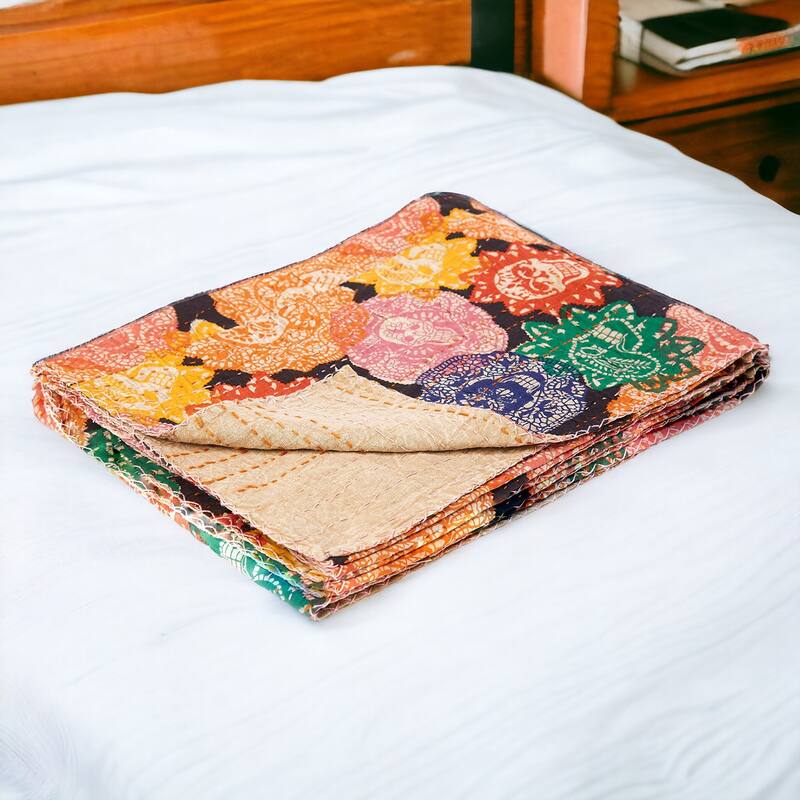 HomeRoots 50" X 70" Black Green Red and Pink Kantha Cotton Patchwork Throw Blanket with Embroidery