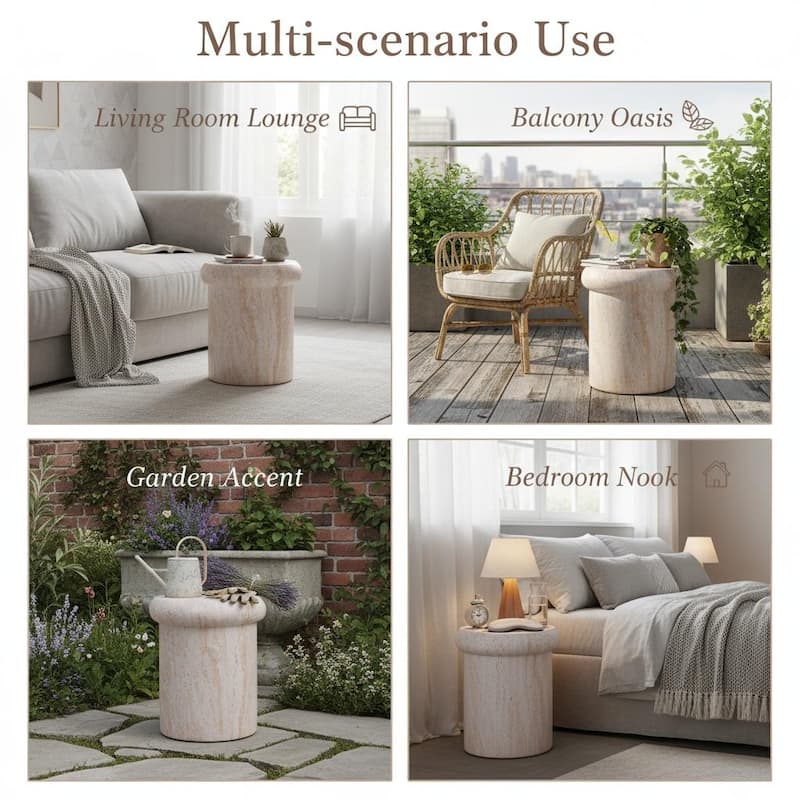 Christopher Knight Home - Lightweight Concrete Sculptural Side Table with Faux Marble Travertine Finish for Indoor & Outdoor