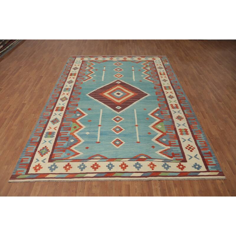 Hand Woven Southwestern Wool Blue Geometric Area Rug - 11' 6'' X 8' 3''