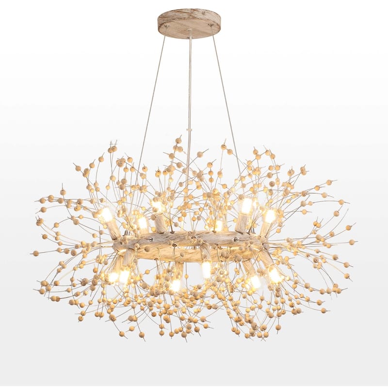 9-Light Modern Firework Sphere Chandelier with Wooden Beads for Dining Room and Living Room