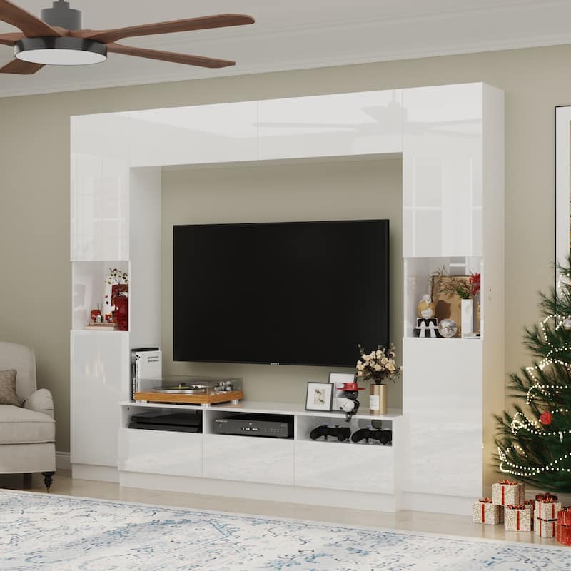 TV Stand & Media Console with Doors and Shelves, TV Hutch White Glossy - 94.5"X78.7"