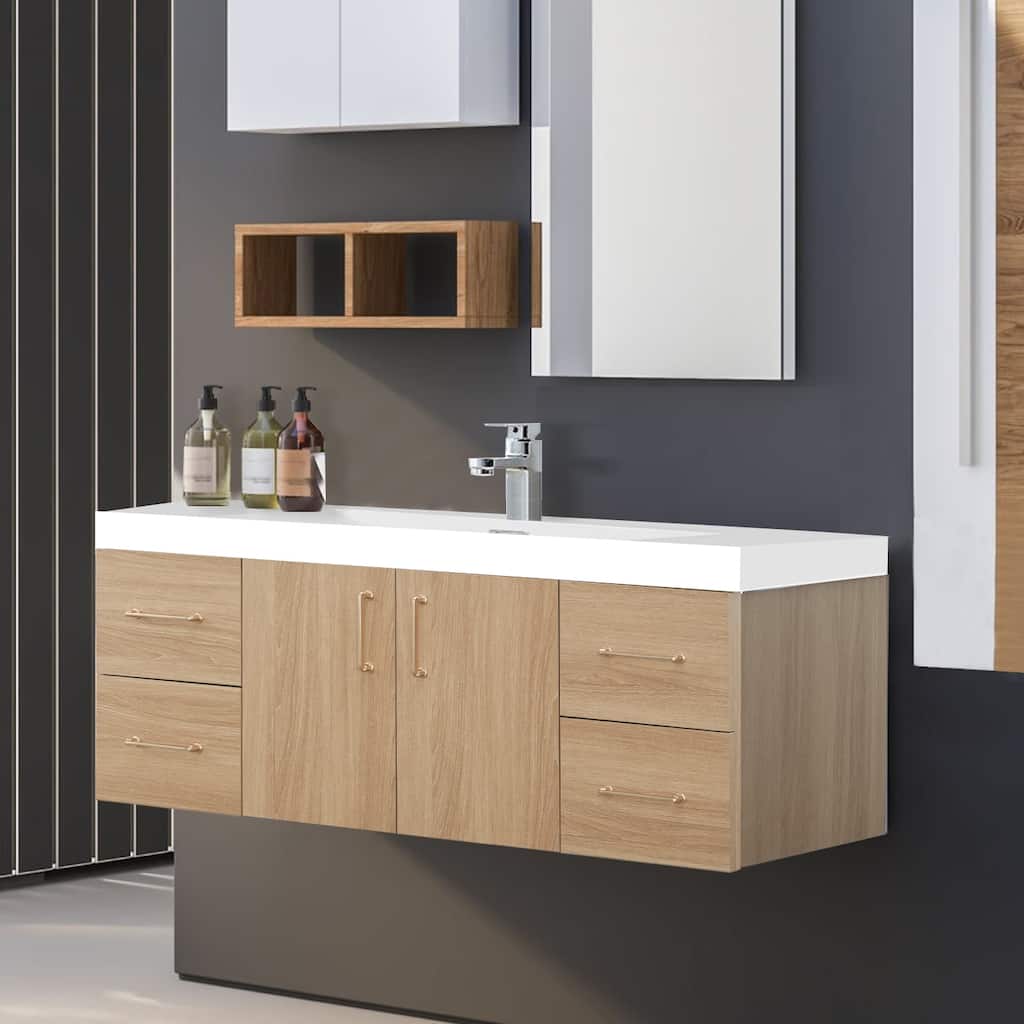 AlbyonD 48" 60" Floating Bathroom Vanity with Sink and Faucet, Natural Oak