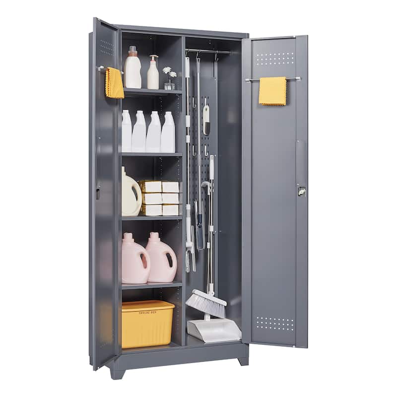 Metal Cleaning Tool Cabinets With Locking Doors, High Broom Tool Storage Cabinets, Adjustable Shelves
