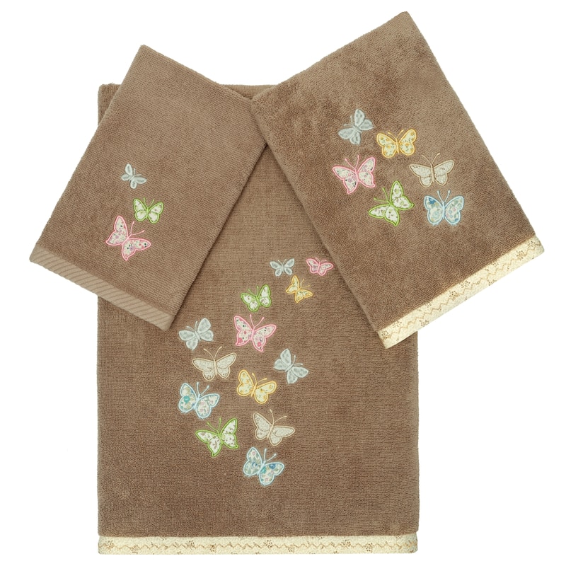 Authentic Hotel and Spa 100% Turkish Cotton Mariposa 3PC Embellished Towel Set - Cocoa