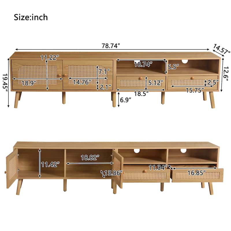 78.74" TV Stand with Rattan Accents for 85" TVs, 2 Drawers + 2 Cabinets