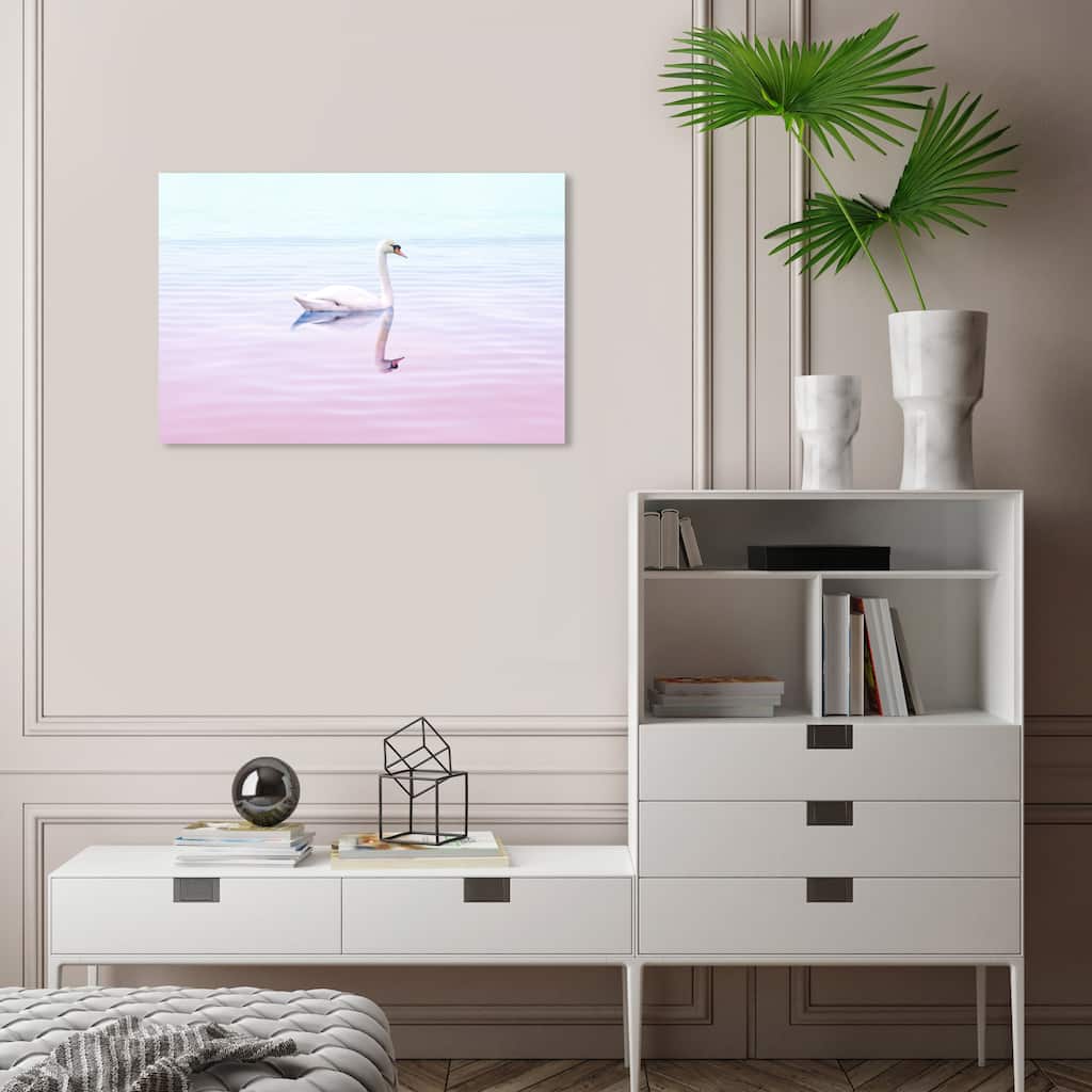 Wynwood Studio Canvas Animals Swan Reflected in Pastel Colors Pink and Light Pink Modern & Contemporary Wall Art Canvas Print