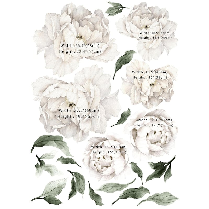 White Peony Flowers Removable Floral Wall Decal Set